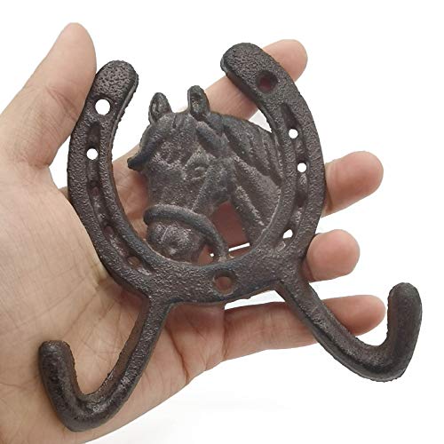 Ronyoung 2Pcs 4.5" Horse Head Horseshoe Western Double Cast Iron Wall Hooks Coat Hook Hat Horse Hook #TOP1
