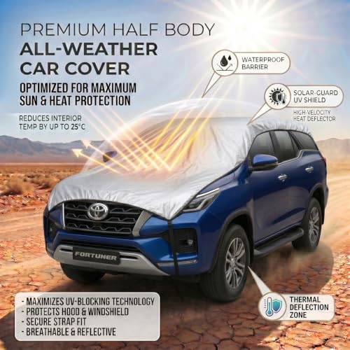 Image of Pivalo Half Car Body Cover for SUV Cars (All Models & Years) | 100% Waterproof Outdoor UV & Heat All Weather Protection | Triple Stitched 3 Layer with Adjustable Straps Cover (Reflective Silver)