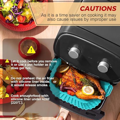 Image of Air Fryer Liners Pack of 3 - Square 8 Inch Silicone Air Fryer Liner, Reusable Baking Tray, Food Grade BPA Free, Heat Resistant 240C, Nonstick Pot with Handles, Fits 4-7 QT-Multicolor
