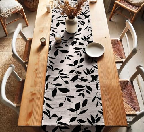Vargottam Sustainable Cotton Table Runner – Textured Twill Fabric – Elegant Leaves Pattern – 14 Inch Wide– Washable Runner for Dining, Console, Coffee Tables