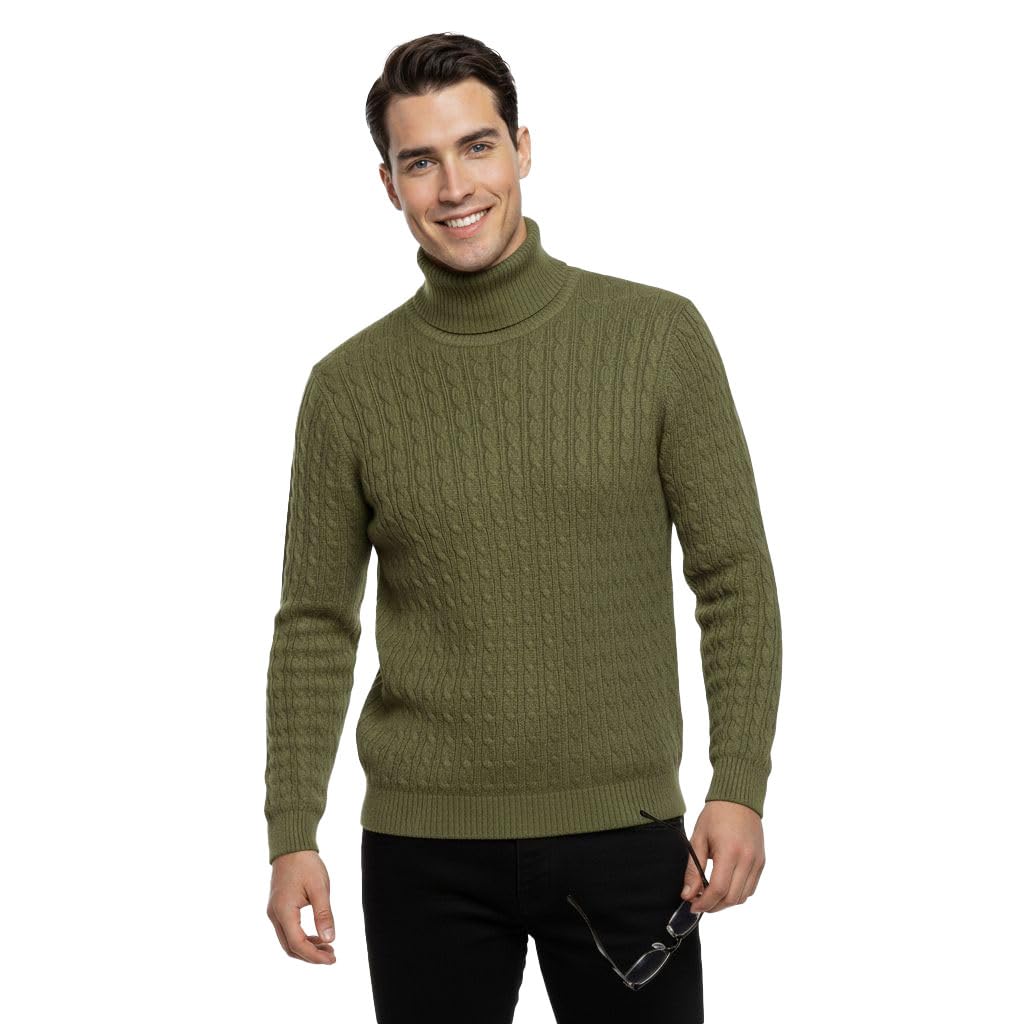 Fairy Trendz Men's Khaki Chunky Knit Turtle Neck Sweater, Warm Long Sleeve Winter Pullover Jumper, Soft Thick Cable Knit Polo Neck Knitwear (, M-L)