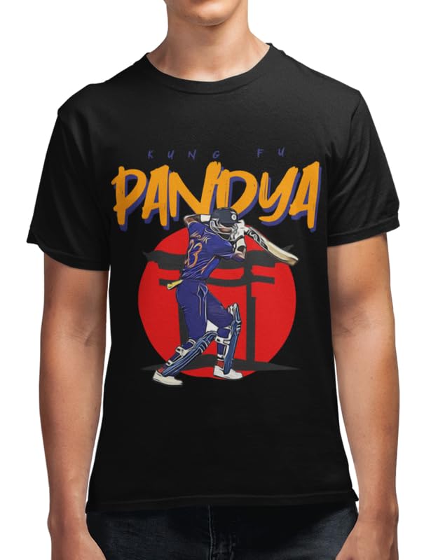 Revind.442Kung Fu Pandya for Team India Cricket Name and Number Pure Cotton Men's Graphic Printed Round Neck T-Shirt