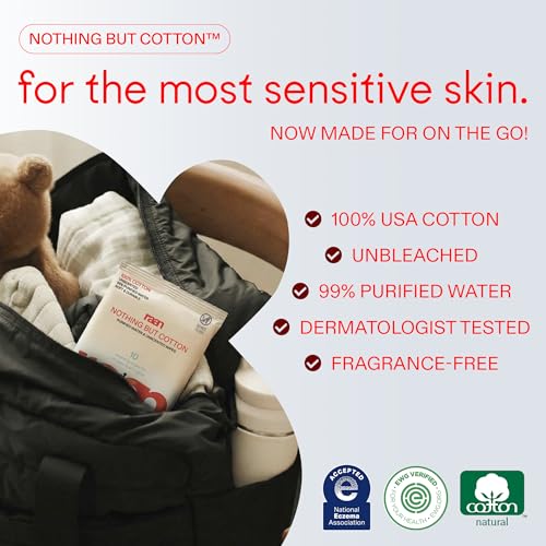 Image of Raan, 100% Cotton TRAVEL PACK Baby & Toddler Wipes, Unbleached, 99% Purified Water, Unscented, EWG verified, Made for Sensitive Skin, Extra Soft and Durable, 12 PACK, 120 Count