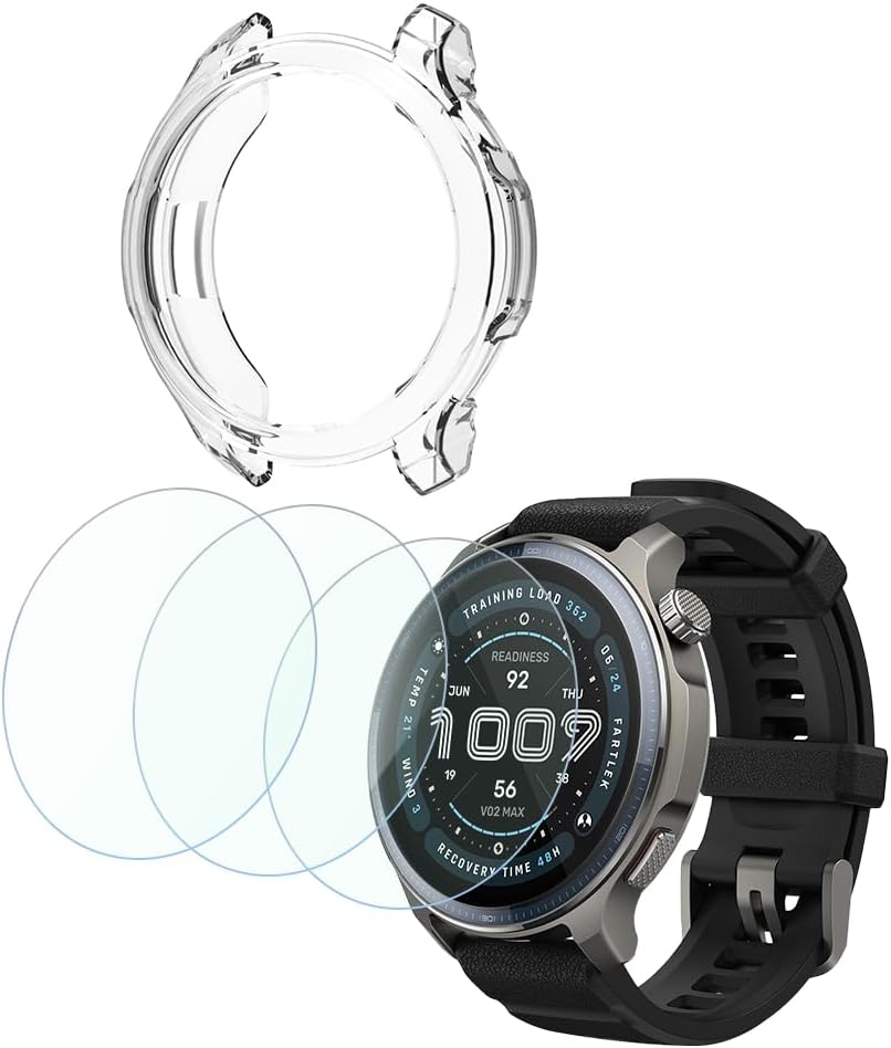 Smartwatch Screen Protector Compatible for Amazfit Balance 2,Clear Case TPU Soft Frame Cover and Tempered Glass Protective Film (Pack of 3+1)