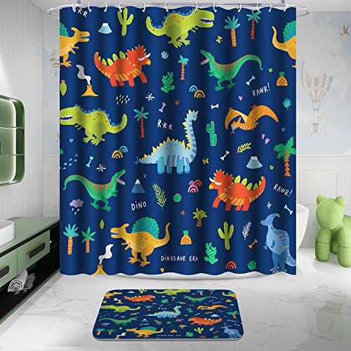 Poedist 4 Pcs Bathroom Shower Curtain Set,Kid's Bathroom Set,Shower Curtain Sets With Rugs(Bath Mat,U Shape And Toilet Lid Cover Mat) And 12 Hooks,Dark Blue Cartoon Dinosaur #TOP1