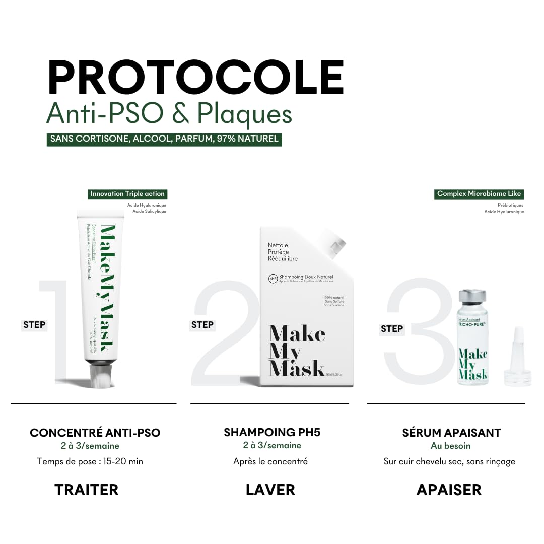 MakeMyMask Concentré Anti-PSO Pré-shampoing, Traitement capillaire exfoliant, hydratant et apaisant, 50mL, SANS CORTISONE - Psoriasis du cuir chevelu, 2 mois de durée