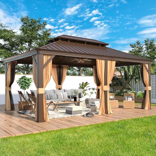 YOLENY 12'x18' Hardtop Gazebo,Galvanized Steel Metal Double Roof Gazebos with Curtain and Netting, Brown Permanent Pavilion Canopy with Aluminum Frame for Patios,Gardens,Lawns