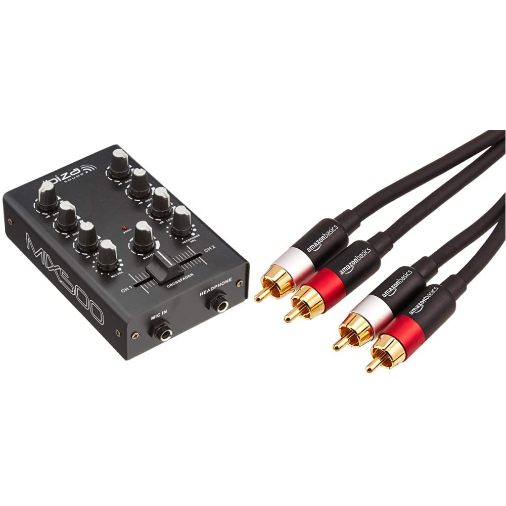 MIX500 - IBIZA - Mezclador compacto de 2 canales Negro & Amazon Basics - Cable de audio RCA (2 machos a 2 machos), 2,4 metros