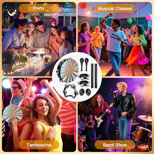image for ZHIBEIYOU 10 Pcs Laser Color Tambourines for Adults And Kids - 8in Han