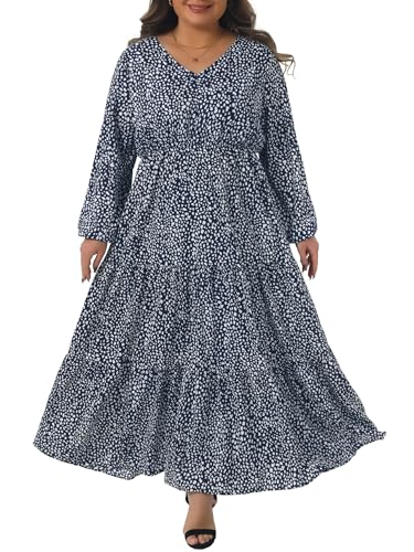 Image of Agnes Orinda Plus Size Polka Dots for Women Long Maxi Dress Lantern Long Sleeve Ruffle Hem Flowy Boho Dresses 1X Navy Blue