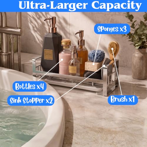 Image of Large Stainless Steel Sink Organizer for Kitchen Basin | Stainless Steel & Washroom Organizer with Drain Tray | Wall Mounted Soap Stand & Sponge Holder | Kitchen Sink Rack | Silver