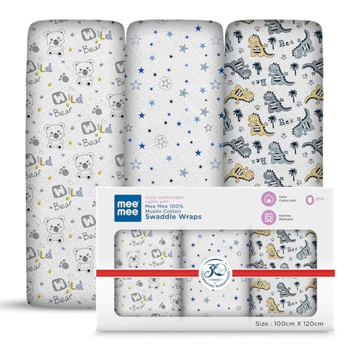 Image of Mee Mee Cotton Muslin Swaddle Wraps - Pack of 3, 100x120 cm | Gentle, Skin-Friendly & Lightweight | Baby Blanket, Nursing & Stroller Cover for Newborns