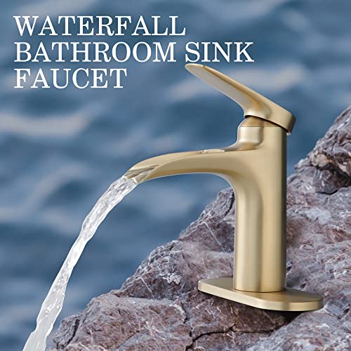 Gold Bathroom Faucets, Single Hole Bathroom Faucets Brushed Gold, Waterfall Faucet For Bathroom Sink Brass Bathroom Faucet With Pop Up Drain Rv Faucet Yardmonet #TOP6