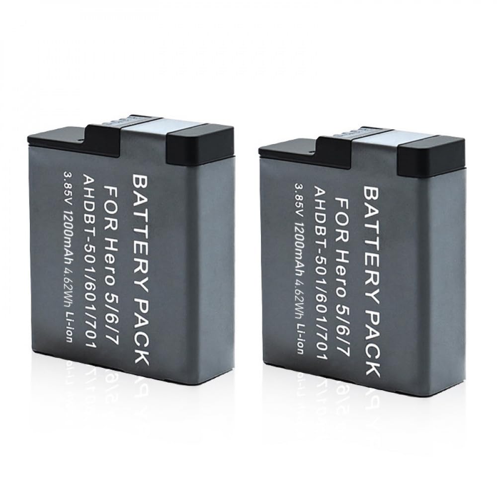 Batterie de Remplacement 1200 mAh Compatible avec GoPro Hero 7/6/5, Compatible avec AHDBT-501/601/701, 2 pièces
