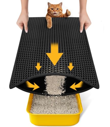 Cat Litter Mat Compact Size 23.6x14.6 for Small Spaces Upgrade Waterproof Leakproof Back Layer Honeycomb Trapping Mat Washable Easy to Clean Scatter Control Kitty Litter Matt Black