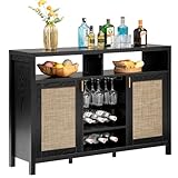 SICOTAS Rattan Coffee Bar Cabinet, 51' Sideboard Buffet Cabinet with Storage, Modern Liquor Cabinet with Wine Racks Credenza Console Buffet Table for Home Living Dining Room, Black Oak