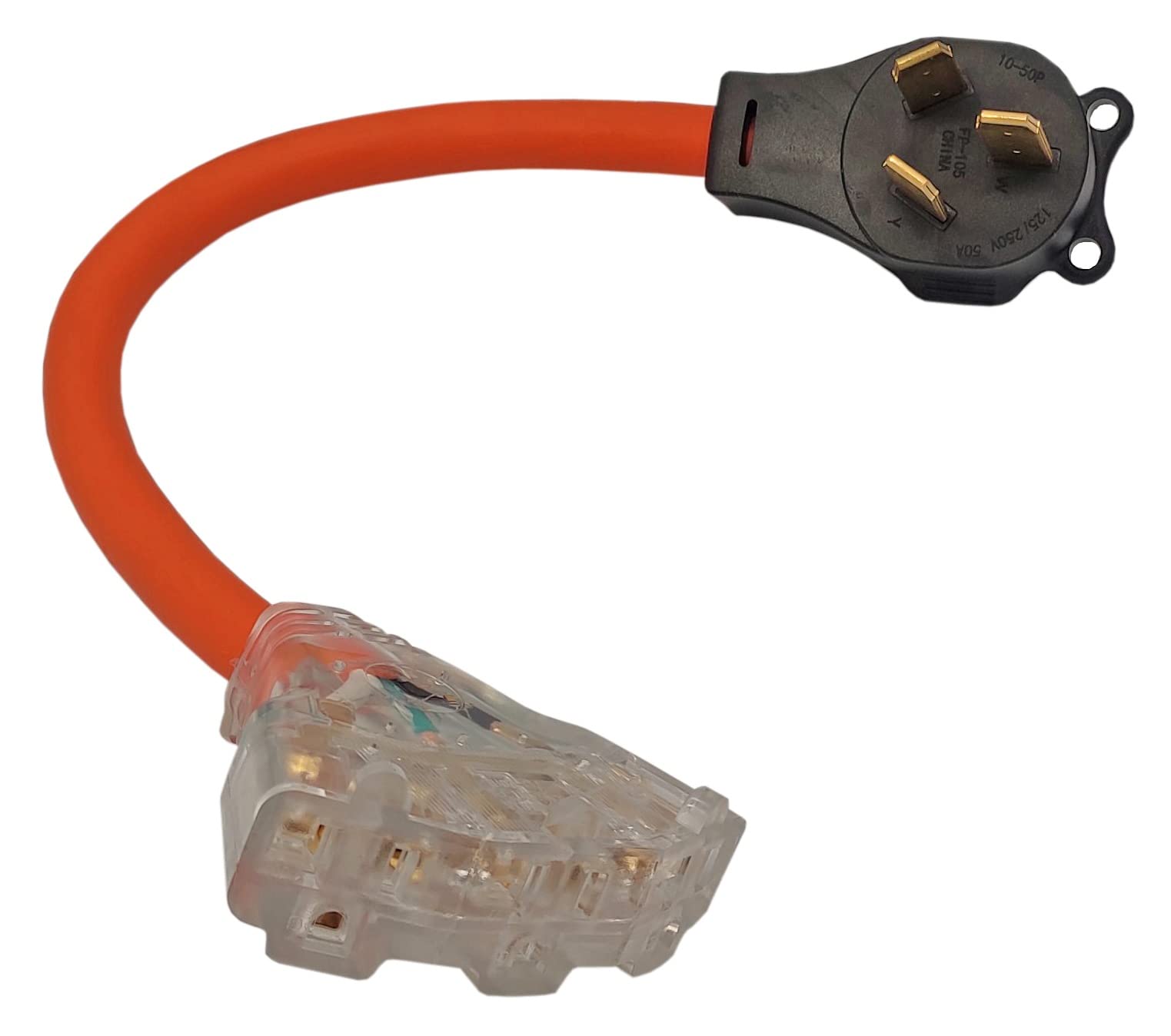 FC-105521T3 - Cable adaptador macho a CA 10-50P 50 amperios, enchufe adaptador de 3 clavijas 5-15R o 5-20R hembra para el hogar, adaptador de triple enchufe de salida 125 V.
