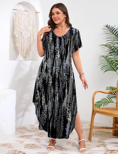 Image of JollieLovin Womens Plus Size Casual Summer Maxi Long Dress Short Sleeve T-Shirt Loose Sun Dress(L-5X)