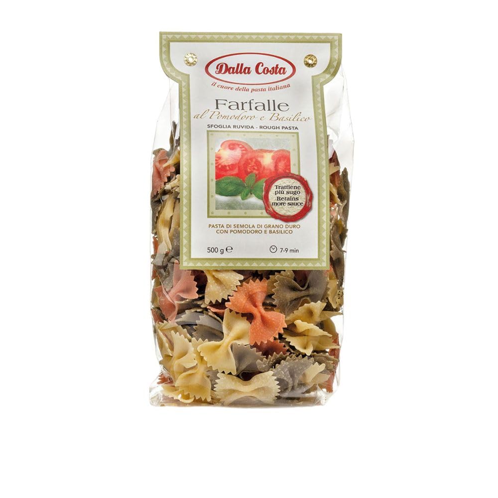 Dalla Costa Farfalle Tricolore con Tomate y Albahaca. Made in Italy. Paquete Ahorro 12x500 gramos