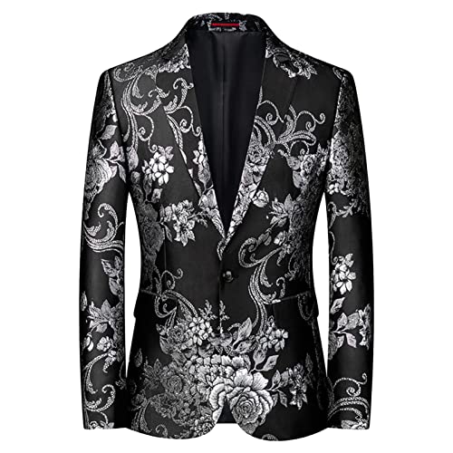 Mens Notched Lapel Dress Floral Suit Luxury Printed Slim Fit Stylish Blazer Casual Single Breasted Wedding Jacket (Black,3X-Large)
