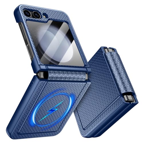 Doeshine für Samsung Galaxy Z Flip 5 Hülle für Mag-Safe mit Scharnierschutz & Displayschutzfolie Rutschfester Textur Hard PC Militär Stoßfest Schutzhülle Kratzfest Rugged Cover (Blau)
