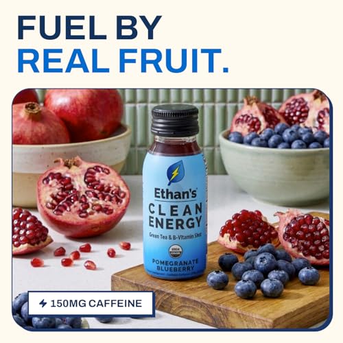 Image of Ethan's Organic Clean Energy Shots Pomegranate Blueberry, 12 Pack of 2oz | 150mg Caffeine | Green Tea, Guayusa, Lion's Mane & Cordyceps | Sugar-Free, Vegan, Gluten-Free, USDA Organic