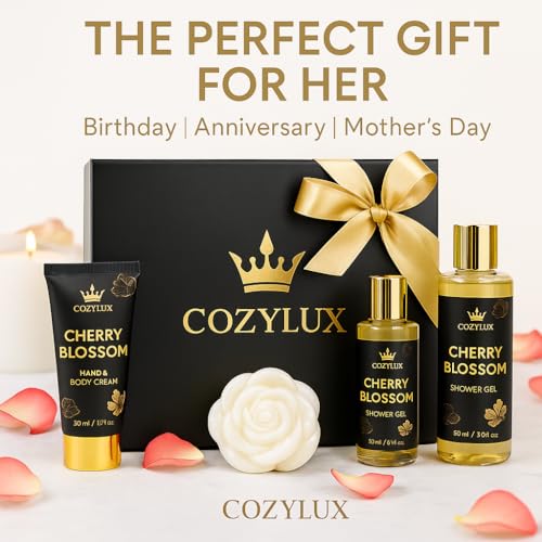 Cozylux Cherry Bossom Spa Gift - Gift Set for Women, 8 Piece Shower Gift - Bubble Bath ,Shower Gel, Soap, Hand&Body Cream & Mist, Bath Mist, Bath Salt & Sponge Perfect for Special Occasions - Image 9
