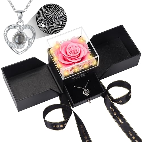 FGNTWP Preserved Red Real Rose with I Love You Necklace, Eternal Flowers Valentines Gifts for Women Her Mom Wife Girlfriend Grandma on Mothers Day, Birthday, Anniversary, Christmas, Thanksgiving Pink