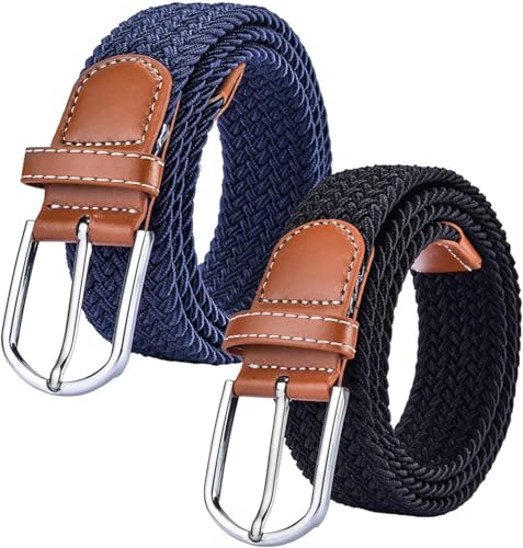 2 Pack Womens Stretch Canvas Braided Belt - Ladies Belts for Jeans, One Size, Blue+black, One Size