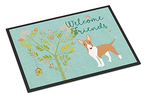 Caroline's Treasures BB7605MAT Welcome Friends Brown Bull Terrier Doormat 18x27 Front Door Mat Indoor Outdoor Rugs for Entryway, Non Slip Washable Low Pile, 18H X 27W
