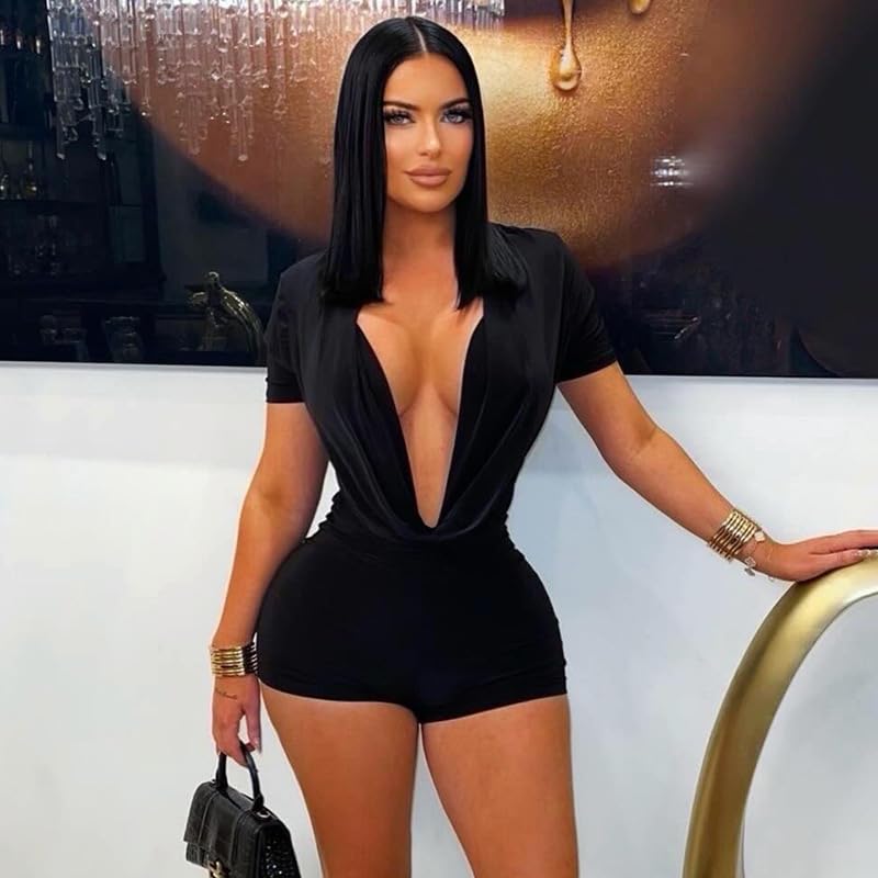 Image of Molilove Sexy Romper for Women Short Sleeve Deep V Neck Bodycon Short Jumpsuit One Piece Y2K Party Clubwear