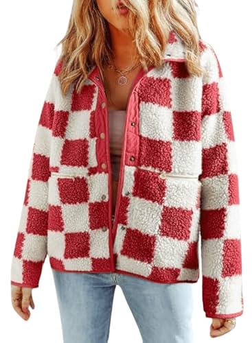 CHARTOU Women's Fall Checkered Sherpa Fleece Jacket Tweed Cropped Snap Button Plaid Coat Loose Faux Fur Tops