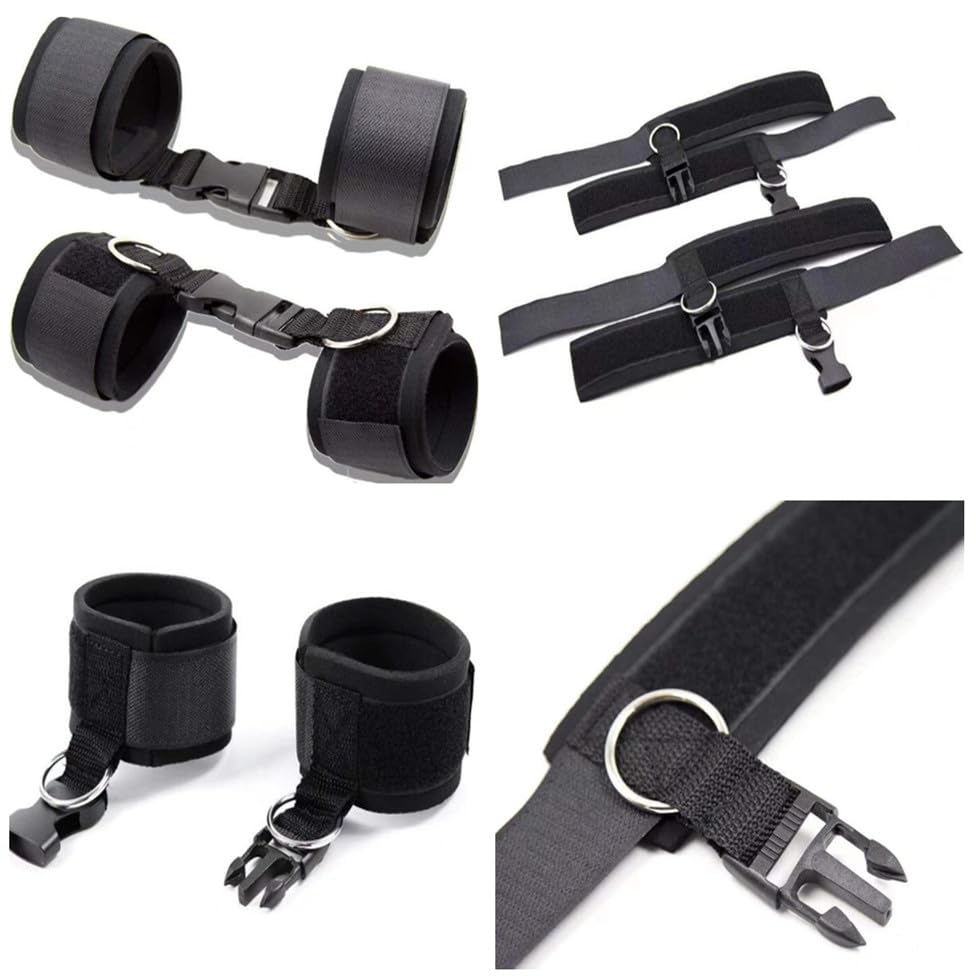 LIKENNY SMグッズ 手枷 足枷 セット SMプレイ 拘束具 2個セット M字開脚 ベルト 手足固定枷 痛くない 大人のおもちゃ 手錠 SMコスプレ 腿ハーネス 簡単連結 男女兼用 (ブラック) - 画像5