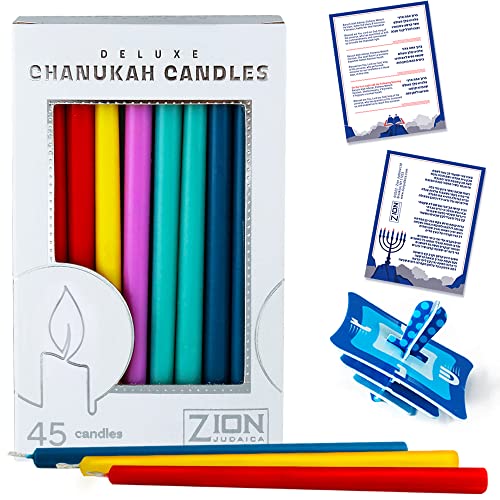 Chanukah Candles Box of 45 Primary Colors Thin Tapered Quality Wax Hanukkah Menorah Candles with Prayer Card & DIY Dreidel -Fits Most Menorahs – Enough for All 8 Nights - by Zion Judaica