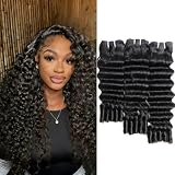SWEETGIRL Deep Wave Human Hair Bundles Burmese Curly Bundles Human Hair Quick Weave with Spiral End Sew in Hair Extensions, Real Virgin Remy Hair, 16 18 20 Inches, Natural Color