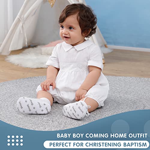 Baptism Outfits For Boys Short Sleeve White Onesies Baby Bubble Romper Linen Summer Christening Church Clothes Newborn Coming Home Jumpsuit Collared Onesie 0-3 Months #TOP1