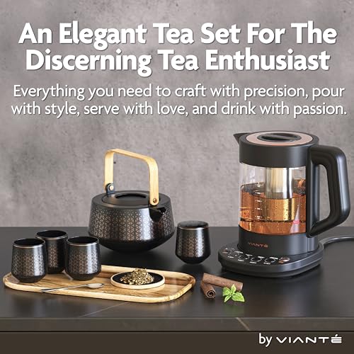 Vianté Luxury Tea Set. Electric Kettle with Tea Infuser for Loose Leaf Tea And Ceramic Serving Set. Tea Pot And Cups Set With Wooden Tray. Excellent Gift Idea For Tea Lovers. - Thumbnail 2