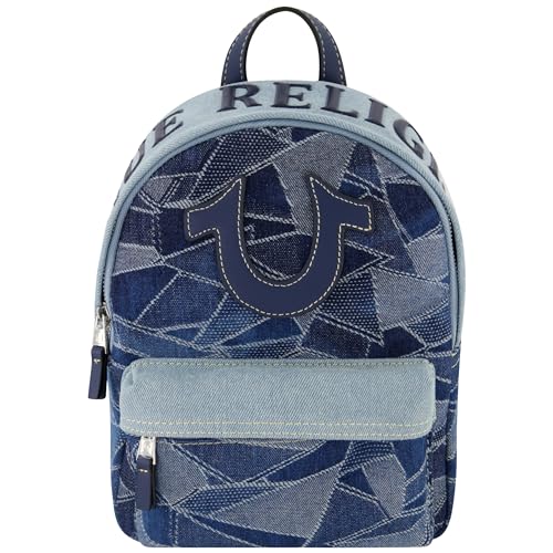 True Religion Mini Backpack, Horsehsoe Logo Denim Small Travel Bag Purse, Adjustable Shoulder Straps, Light Denim, 11 Inch