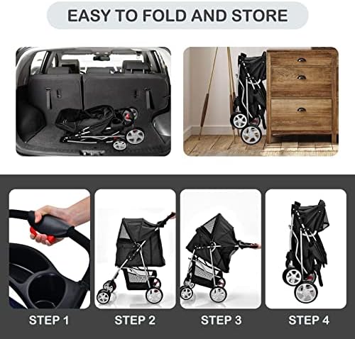 COSTWAY Folding Pet Stroller, 4 Lockable Wheels Dog Travel Pushchair Cat Buggy with Safety Belt, Adjustable Canopy, Cup Holder & Storage Basket, Dogs Cats Prams for Small Medium Pets (Black)