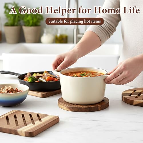 Ferrochef 4 Pcs Acacia Trivet Mat Set 5.8inch 7inch Thicken Acacia Wood Hot Pads Trivets Heat Resistant Pads for Hot Dishes Pot Bowl Teapot, 2 Square 2 Round