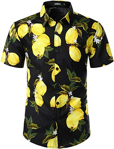 JOGAL Men's Cotton Button Down Short Sleeve Hawaiian Shirt Black Yellow Medium