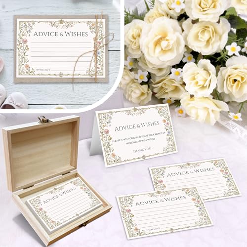 BHTPNG Advice and Wishes Cards Box - 50 Pcs Wedding & Baby Shower Advice Cards, Well Wishes Box for Graduation, Christmas, Birthday Party Decorations, Bridal Shower Games(Flower) -A03