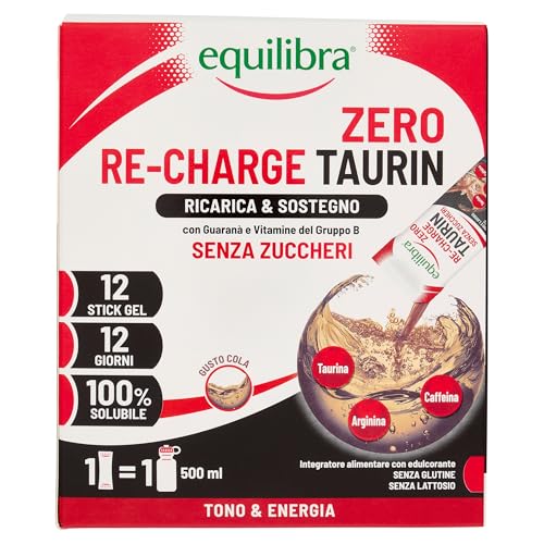 Equilibra, Taurina 1000mg, Integratore Stanchezza, Allenamento, Vegan, Senza Zuccheri, con Arginina, Caffeina da Guaranà, Vitamine Gruppo B, Gusto Cola, 12 Stick Gel da Sciogliere in Acqua