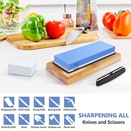 Knife Sharpening Stone Whetstone,Premium 2-Sided Whetstone Sharpener 1000/6000 Grit Waterstones Kit, Knife Sharpener Stone with Non-Slip Bamboo Base, Angle Guide and Flattening Stone