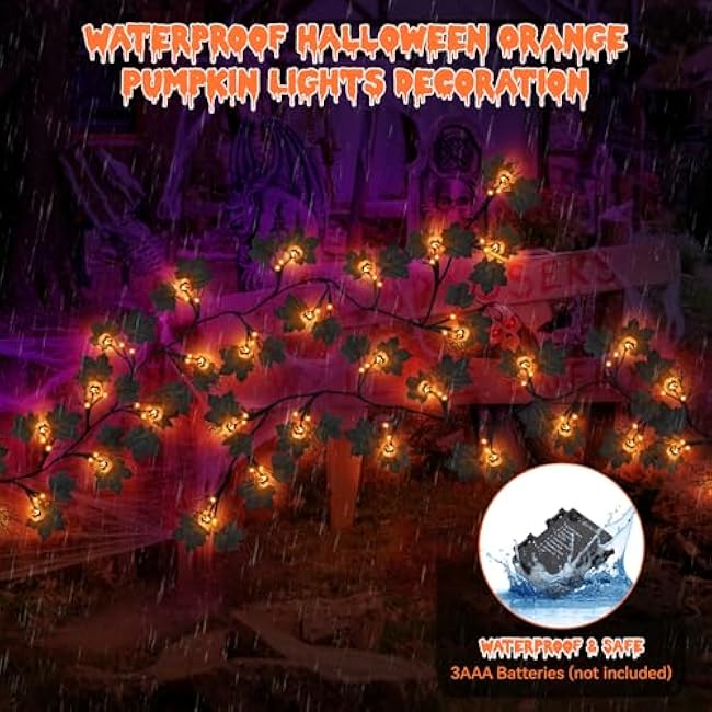 6 FT 54 LED Halloween Lights, 8 Modes & Timer Battery Operated Halloween Pumpkins Lights with Willow Vine Twig Garland, 3D Waterproof Decorations Lights for Indoor Outdoor Party Fireplace
