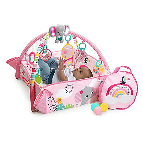 Bright Starts 5 in 1 Your Way Ball Play Baby Activity Gym Ball Pit Play Mat with Music, 40 Balls, 7 Toys, and Carrying Case, Rainbow Tropics