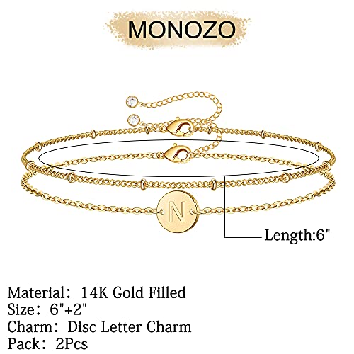 MONOZO Gold Initial Bracelets for Women, Dainty 14K Gold Filled Layered Beaded N Letter Initial Bracelet Personalized Alphabet Disc Monogram Charm Bracelet Jewelry Gifts for Her - Thumbnail 2