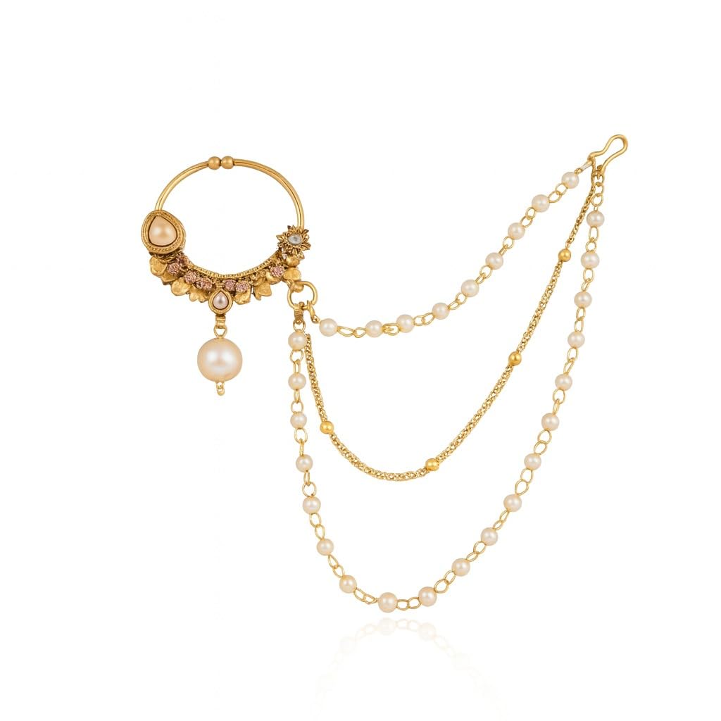 Multi Layer Pearl Chain Gold Plated Nath with Kundan and CZ Stones-image-19