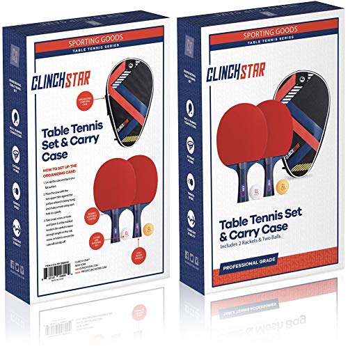 Clinch Star Ping Pong Paddle Table Tennis Racket Professional Set - 3 Star Balls & Organizing Carry Case - Hooks To Table (2 Rackets 2 Ping Pong Balls) #TOP1