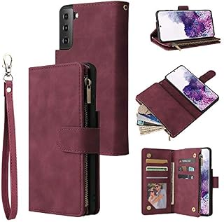 QLTYPRI Case for Samsung Galaxy S22 Ultra, Large Capacity Leather Wallet Case 6 Card Holder & 1 Zipper Pocket Kickstand Wrist Strap Magnetic Protective Cover for Samsung Galaxy S22 Ultra - Red